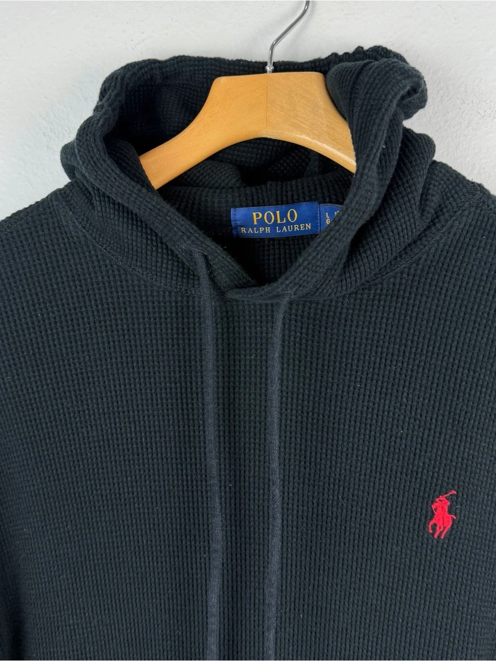 Polo Ralph Lauren Black Long Sleeve Thermal Waffle Weave Knit Hoodie Large